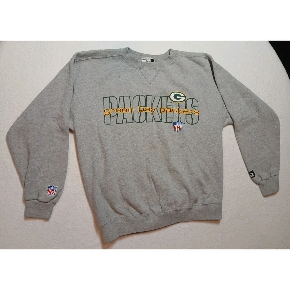 Y2K Puma NFL Green Bay Packers Sweatshirt Large Grey Faded Stained‎ Crewneck